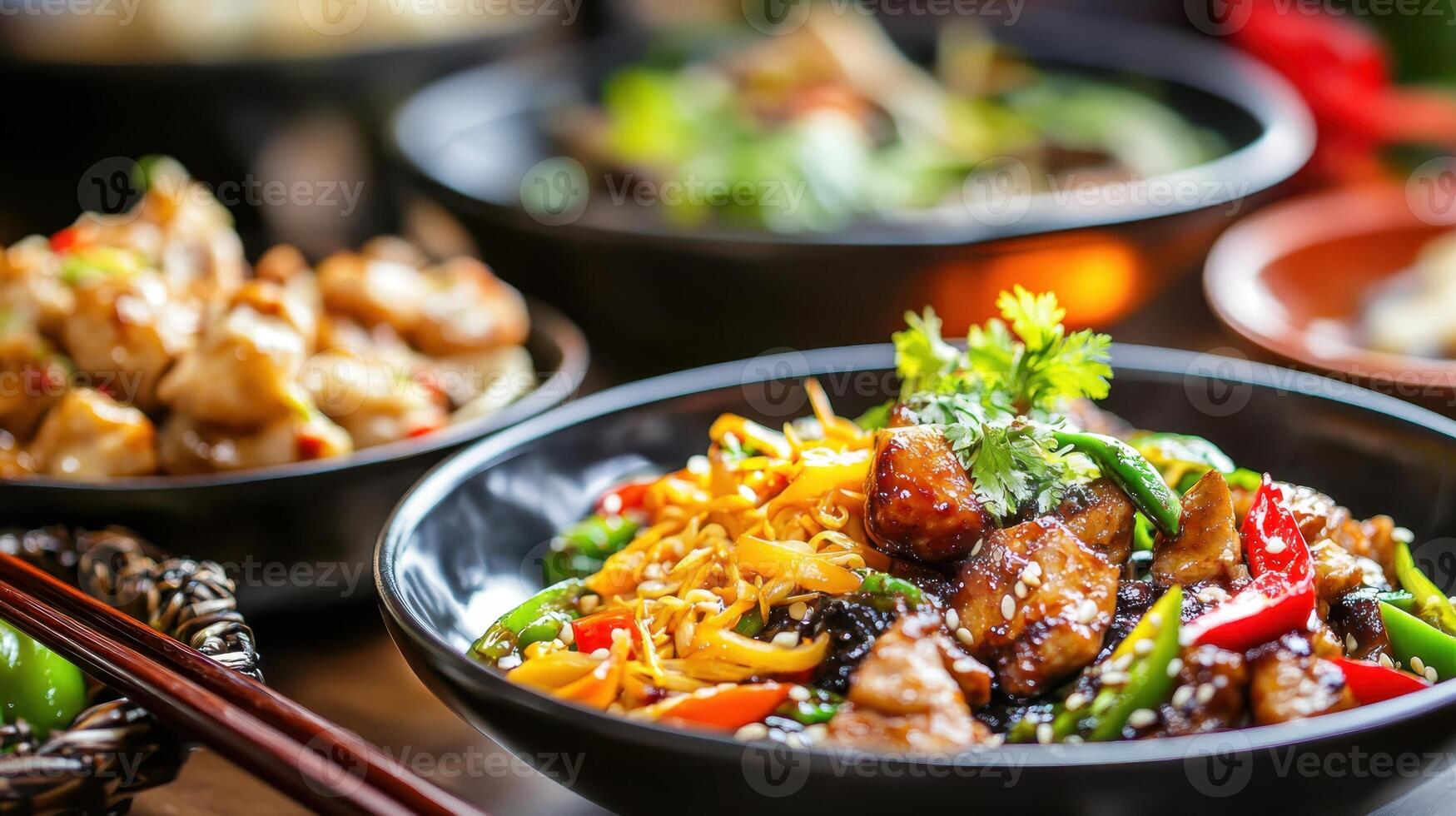 Vibrant stir-fried noodles and vegetables served in a bowl with a backdrop of assorted Asian dishes in a cozy dining setting photo