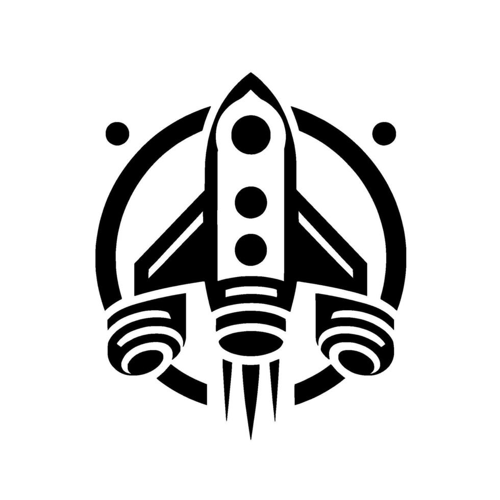 A bold, minimalist illustration of a rocket ship launching, set within a circular frame, with contrasting black and white elements, representing progress. vector