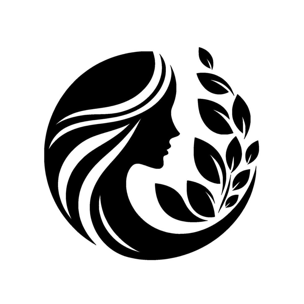 Elegant silhouette of a woman surrounded by a laurel wreath in a circular design, symbolizing nature, beauty, and serenity. vector