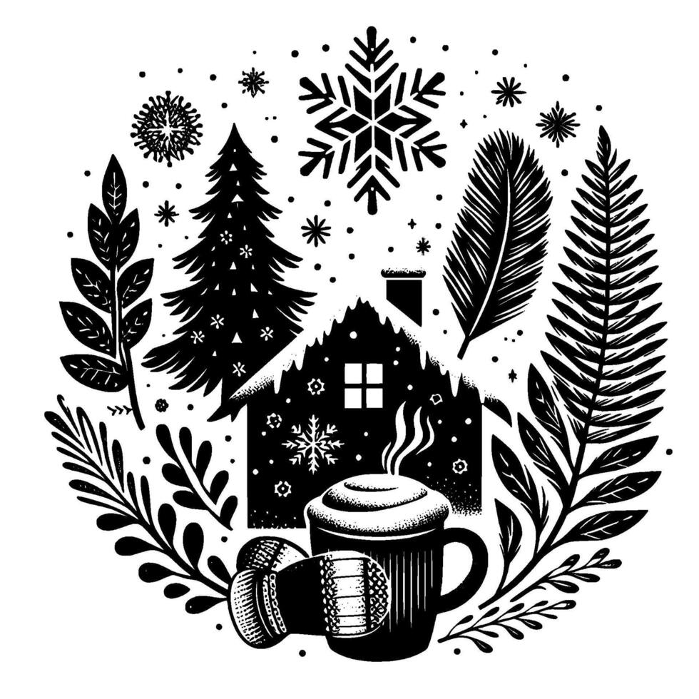 A cozy winter illustration with a snowcovered house, steaming mug, mittens, and winter foliage, surrounded by snowflakes, a serene and inviting seasonal composition. vector