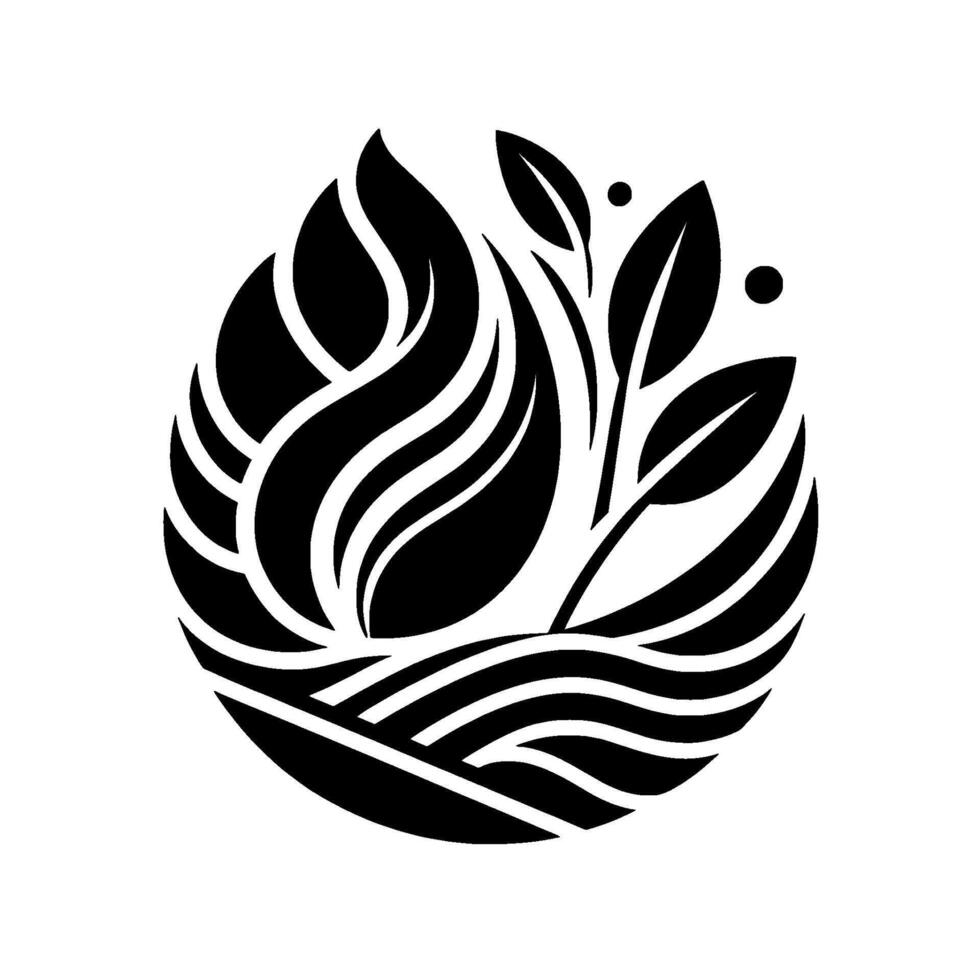 A stylized, monochromatic botanical emblem featuring flowing leaves, a layered wave motif, and subtle dot accents, evoking a sense of organic harmony. vector