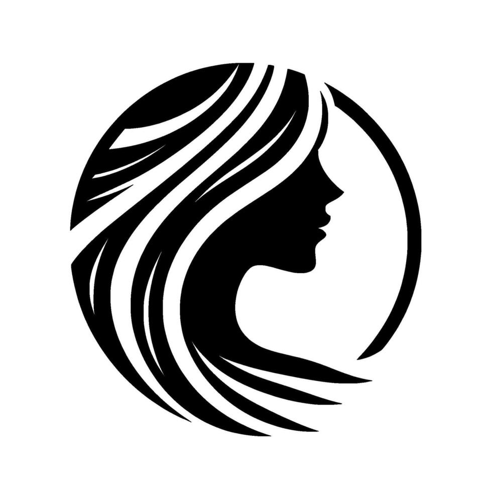 Silhouette of a womans profile with flowing hair contained within a circular frame, simple elegant design. vector