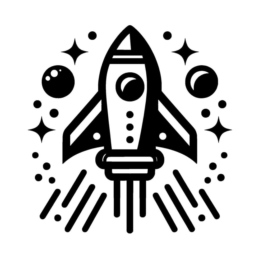 Illustration of a rocket launching into space, surrounded by stars and planets in a bold black and white style. vector