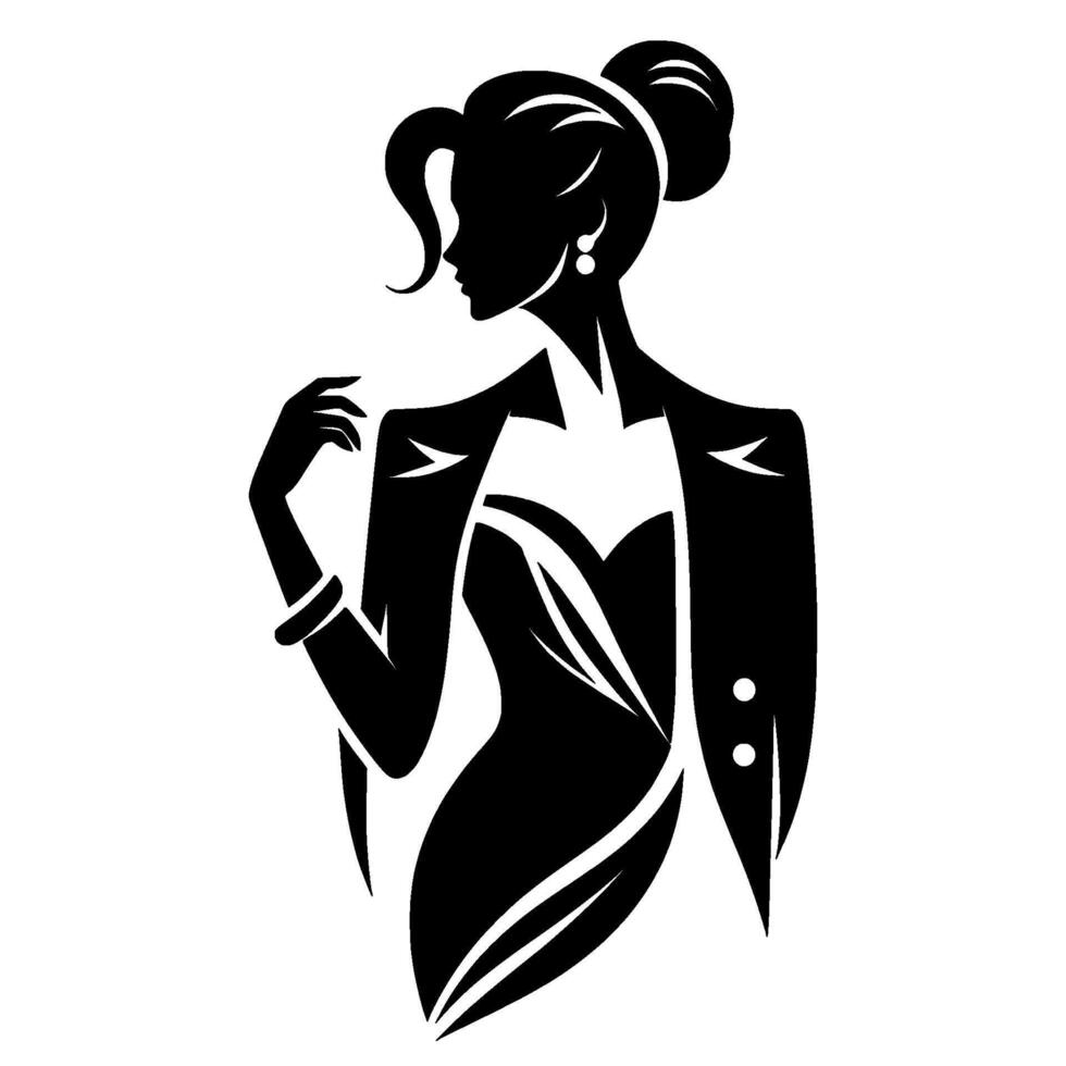 Elegant silhouette of a woman in a formal outfit, featuring a bun hairstyle and jacket, presented in bold black and white vector