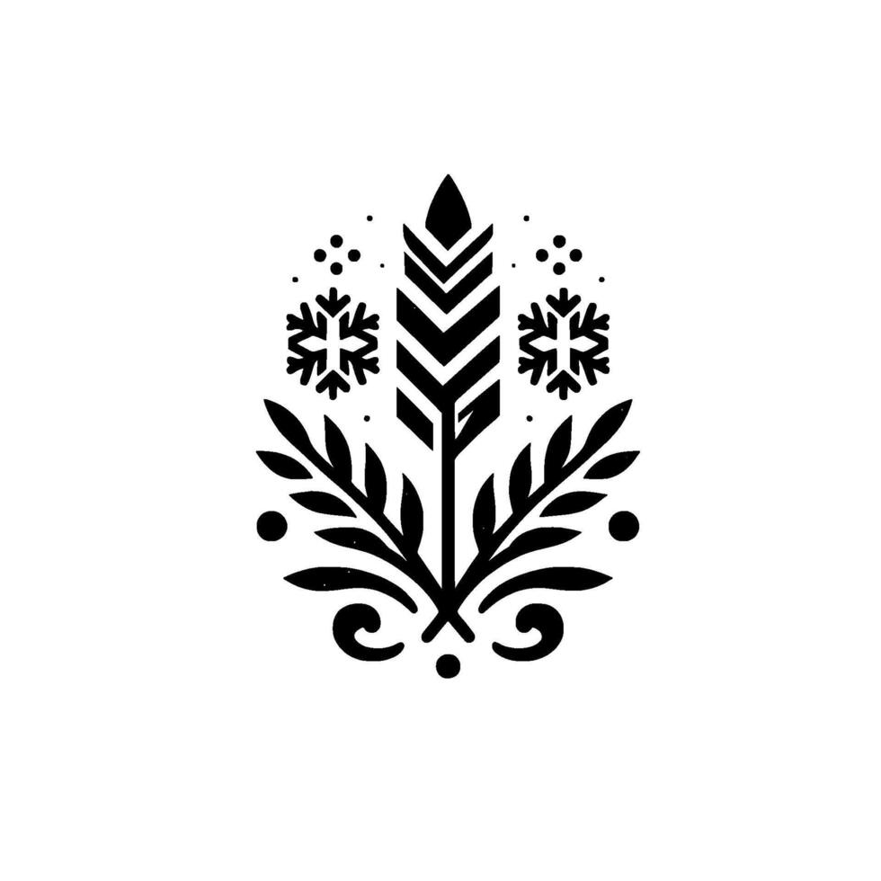 Elegant black and white winter emblem a symmetrical featuring a stylized central element with chevron detailing, flanked by snowflakes and foliage, against a clean white backdrop. vector