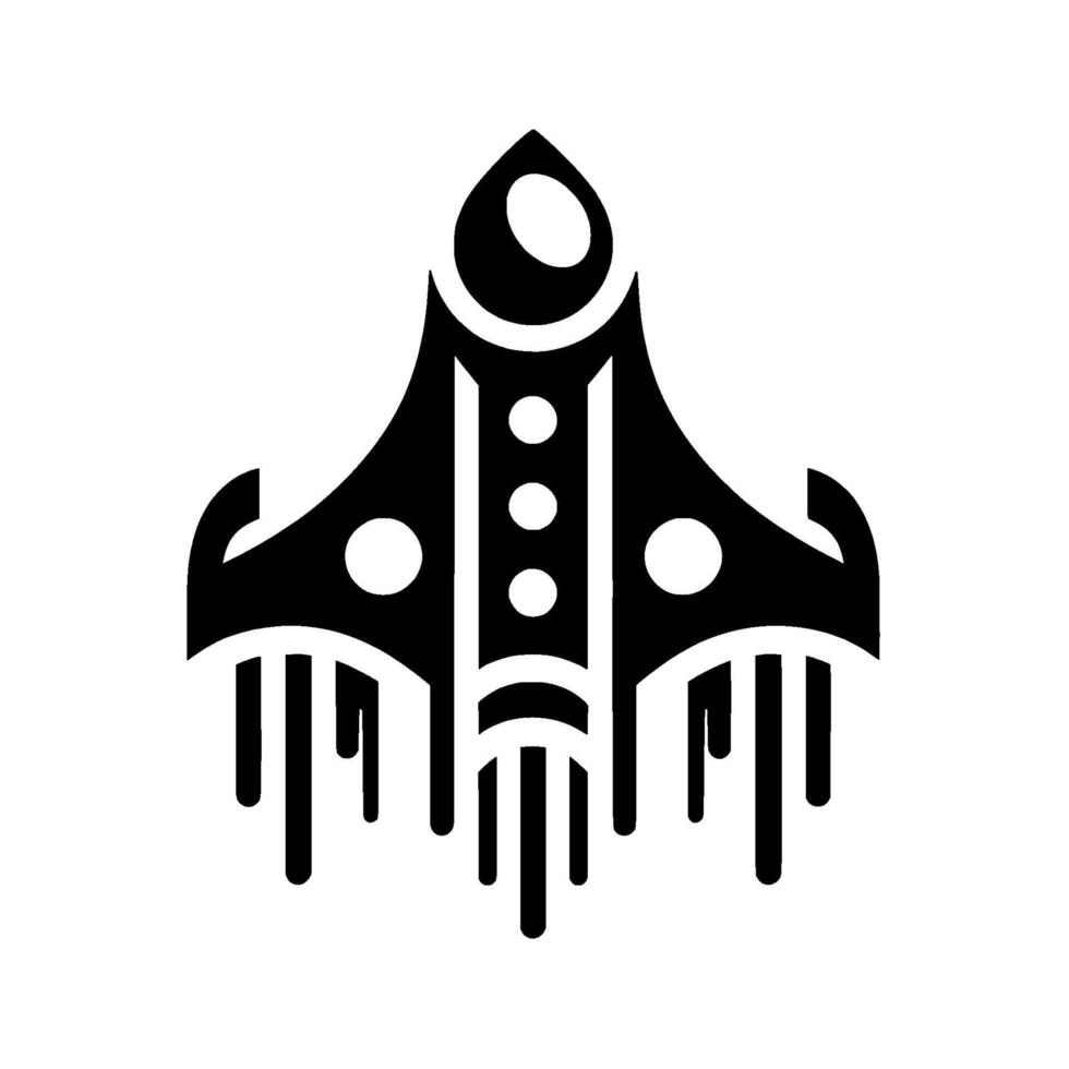Stylized black and white rocket ship illustration, with a symmetrical design, featuring circular accents and vertical exhaust trails, set against a clean white background. vector