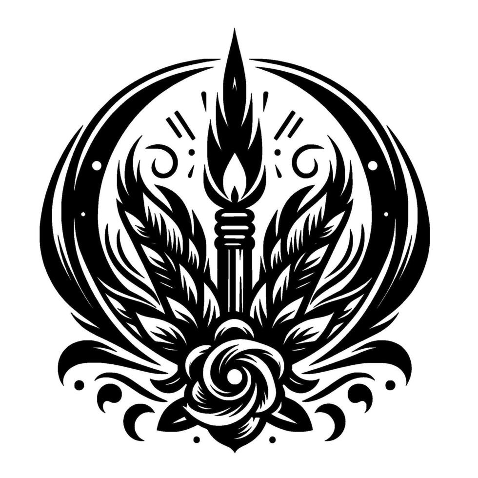 A symmetrical, monochrome illustration of a torch with flame, surrounded by stylized feathers, roses, and circular elements, conveying harmony. vector