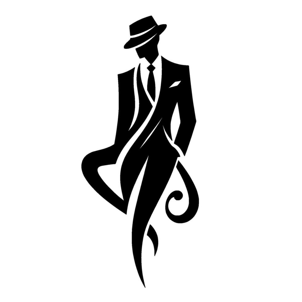 Minimalist silhouette of a dapper man in a suit and fedora, executed in a stylish black and white with flowing lines and elegant details. vector