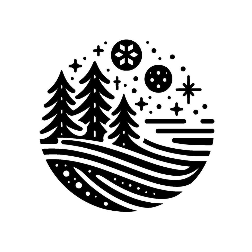 Black and white winter landscape illustration with stylized trees, moon, stars, snowflake, and flowing lines, enclosed in a circle. vector