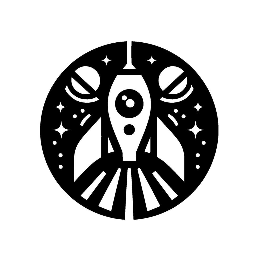 A stylized, minimalist black and white circular emblem featuring a rocket blasting off, flanked by planets and stars, conveying adventure and space exploration. vector