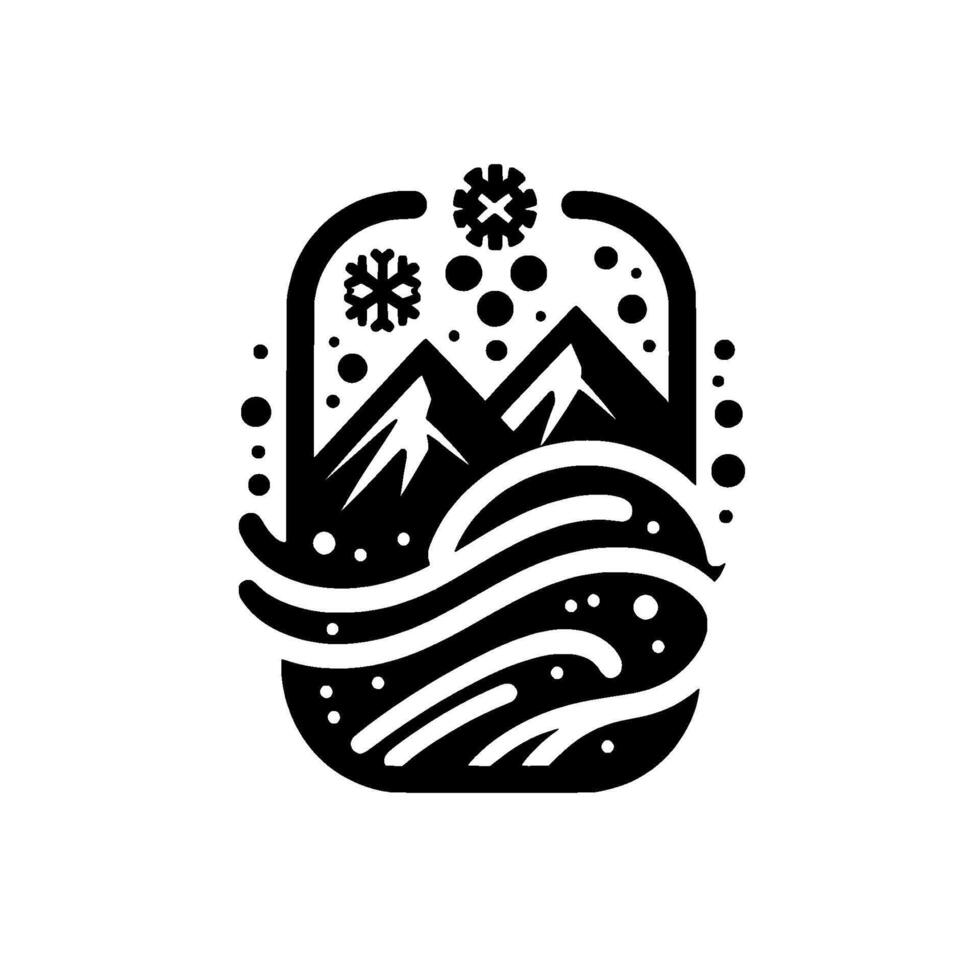 A stylized black and white illustration within a rounded rectangular frame, depicting a winter mountain scene with snow, wind and an impression of cold. vector