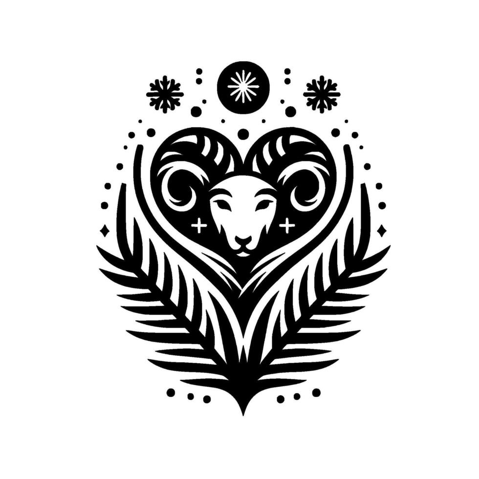 Stylized black and white illustration of a rams head in a heartshaped arrangement, with ferns, snowflakes and decorative dots on white background. vector