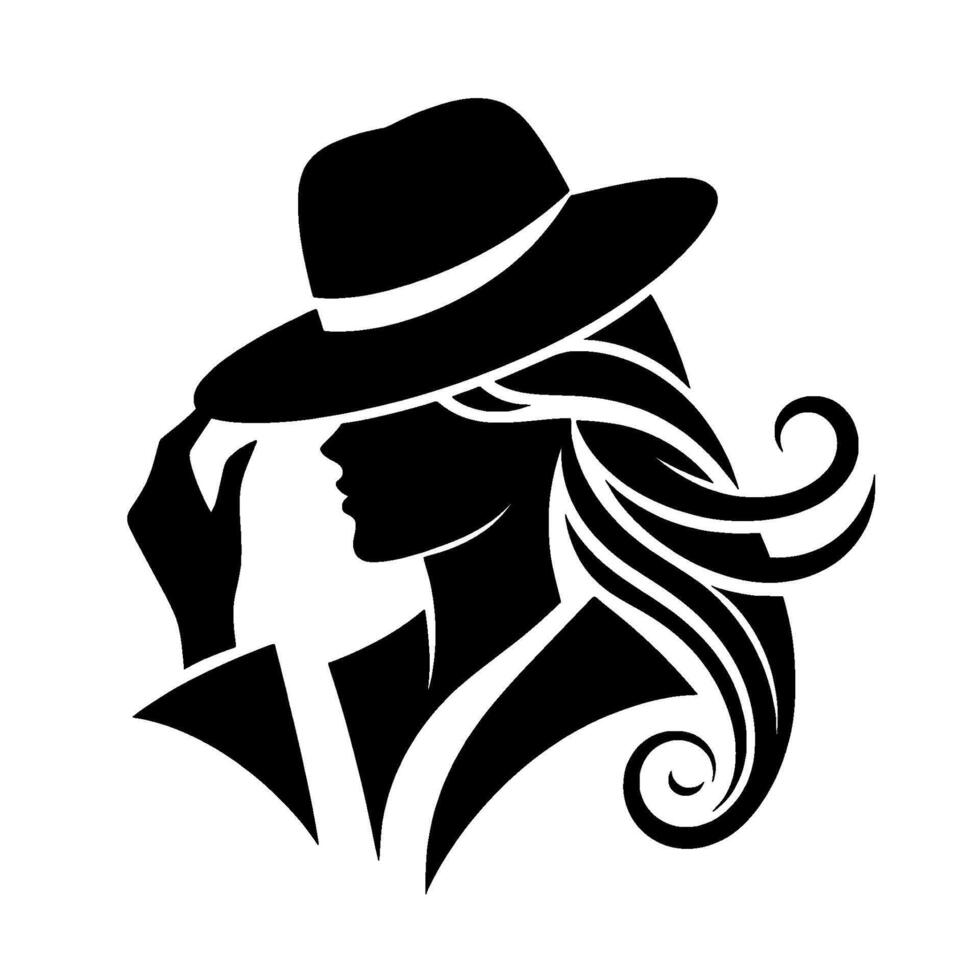 Elegant silhouette a monochrome artwork depicts a woman in a fedora, hair flowing, hand touching the brim, exuding sophistication against a clean white backdrop. vector