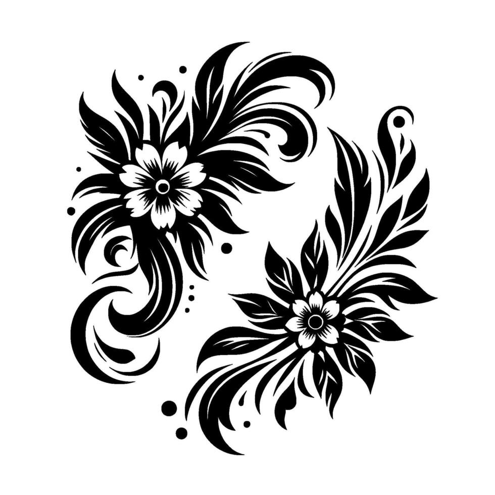 Elegant black and white floral symmetrical arrangement of two stylized flower leaf clusters with ornamental swirls dots on a clean white background. vector