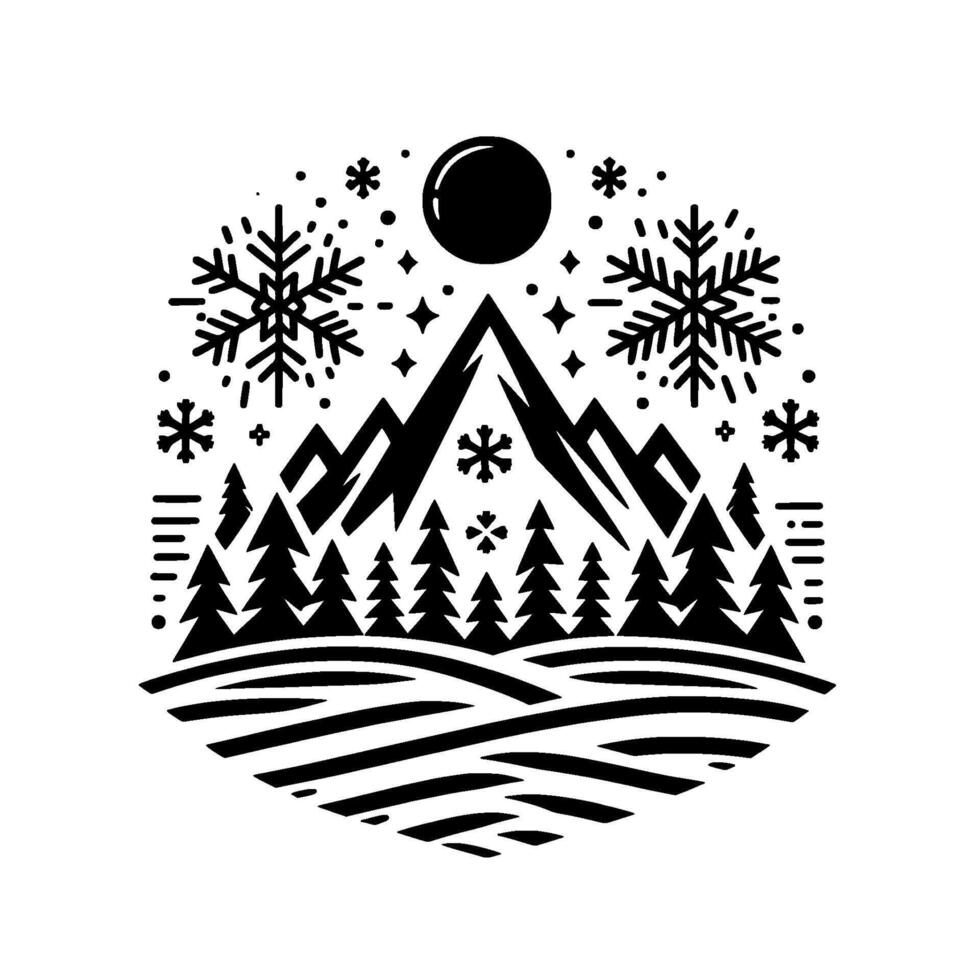 A stylized, black and white winter landscape, featuring mountains, pine trees, snowflakes, a full moon, and celestial stars within a hexagonal frame. vector