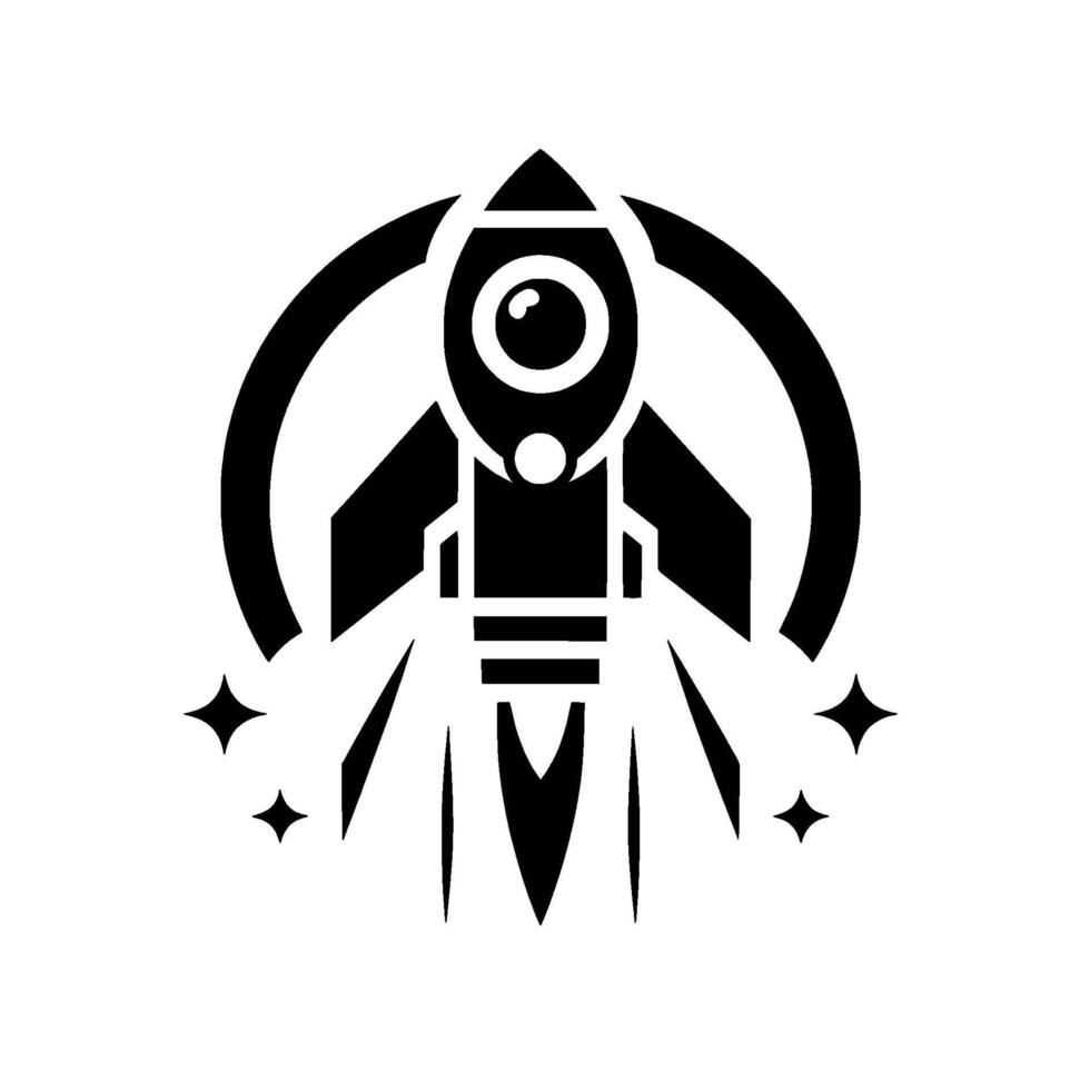 Stylized black and white rocket ship emblem, soaring with starry trails, within a circular frame vector