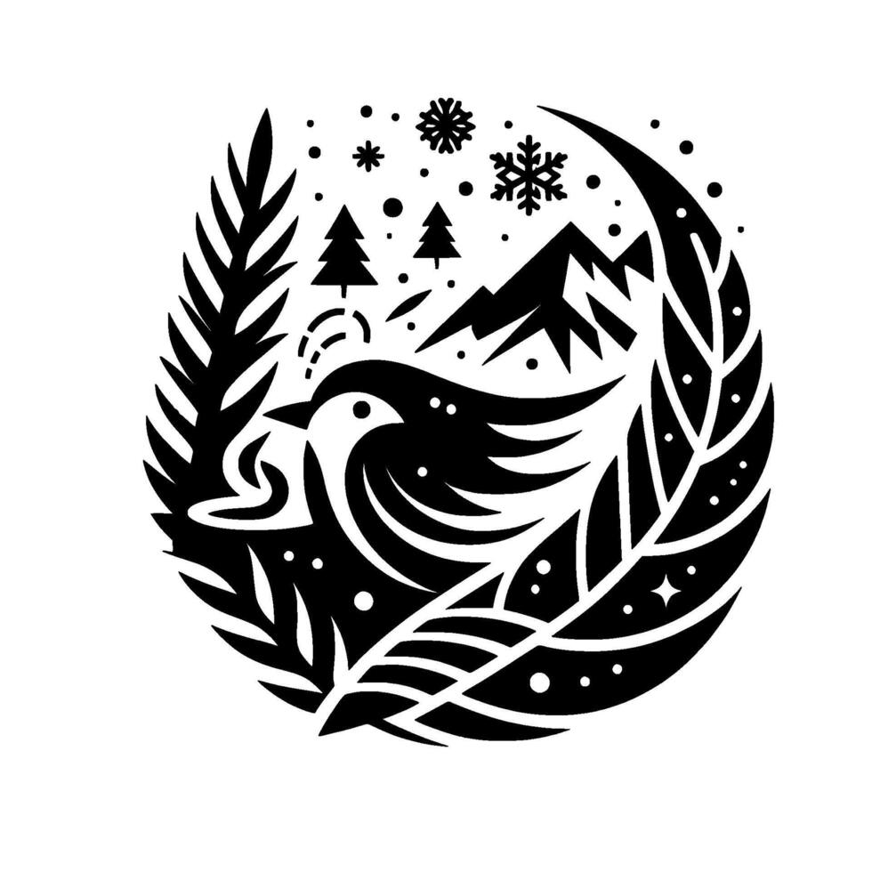 A circular black and white winter scene featuring a stylized bird amidst stylized mountains, trees, snowflakes, and foliage. vector