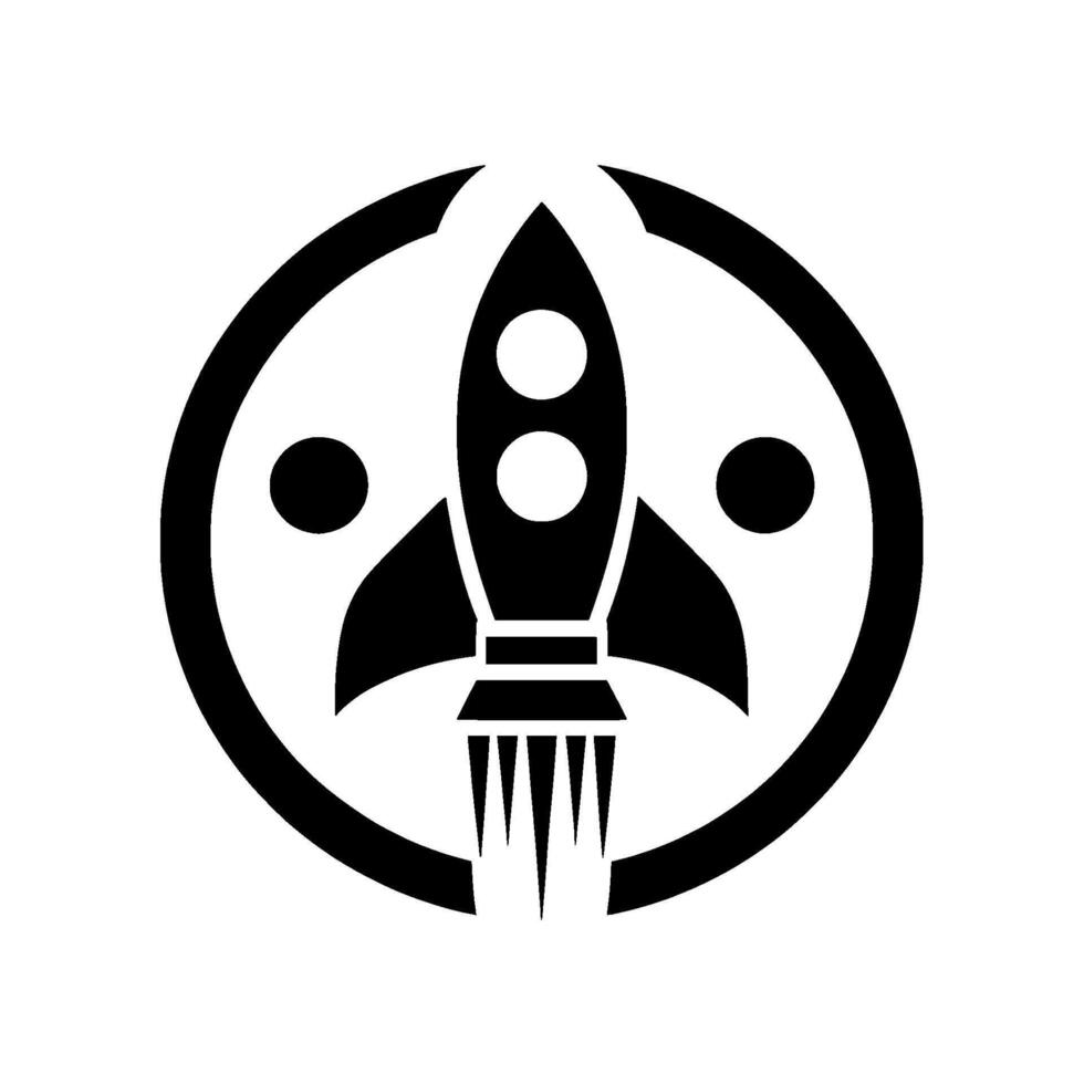 Bold black rocketship emblem inside a stylized circle, with two orbiting dots and retro flames, representing space exploration and design. vector