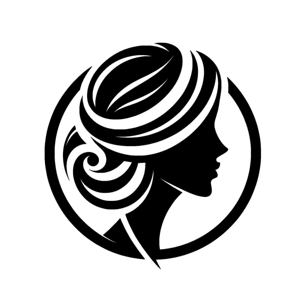 Elegant silhouette of a woman in a circle black and white artistic rendering featuring classic hairstyle, simple and refined design, emphasizing beauty and grace. vector