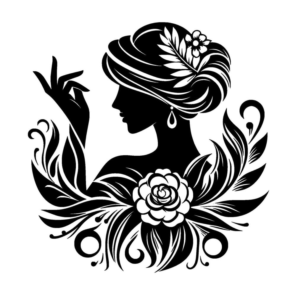 Elegant silhouette of a woman adorned with floral elements, embodying grace and femininity, stylized in black and white, suggestive of timeless beauty and classic design. vector