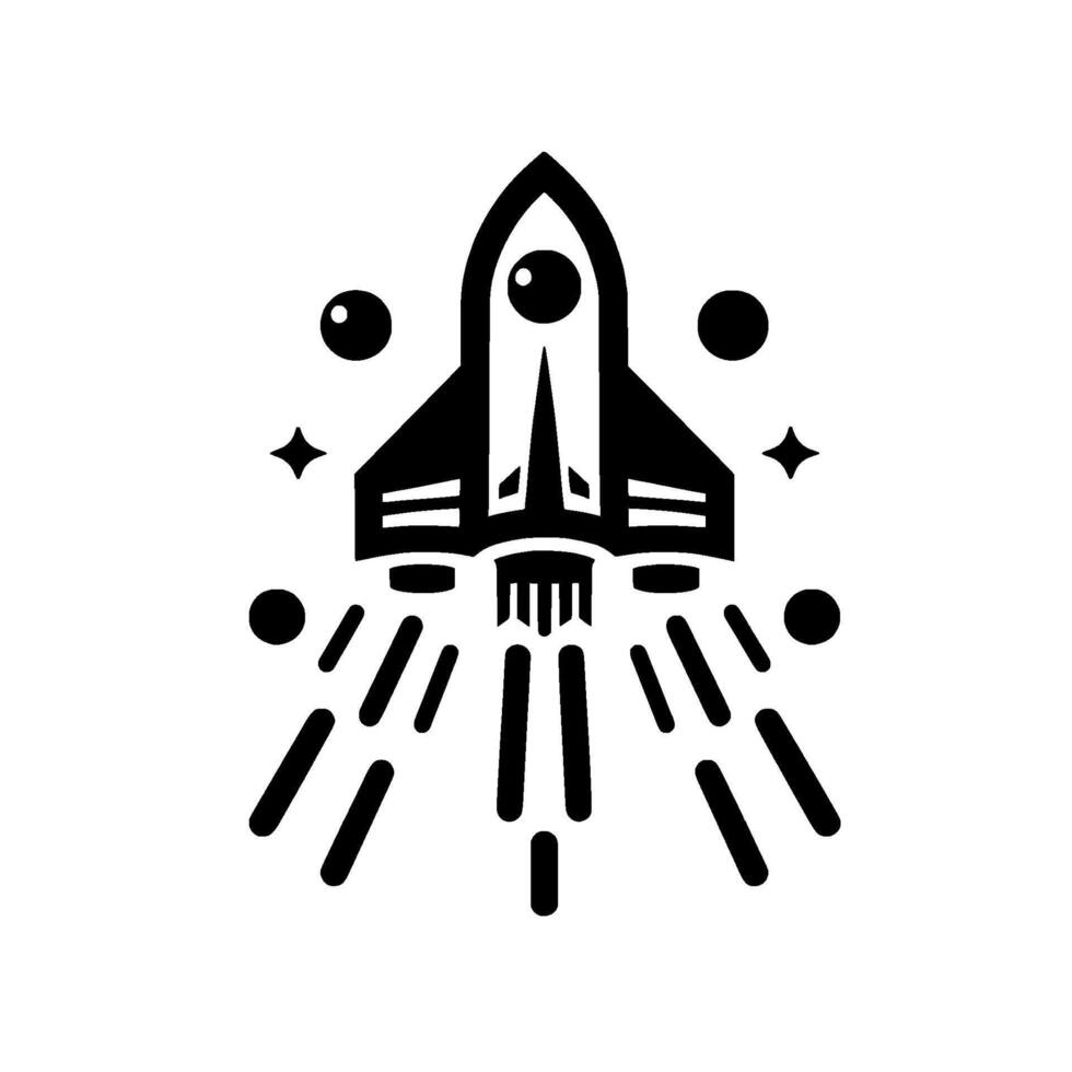 A minimalist black and white illustration of a rocket ship taking off amidst stars and circular celestial bodies, showcasing bold lines. vector