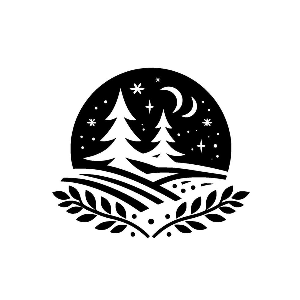 Minimalist winter night scene trees, moon, stars, fields, and laurel wreath elements within a circular design. vector
