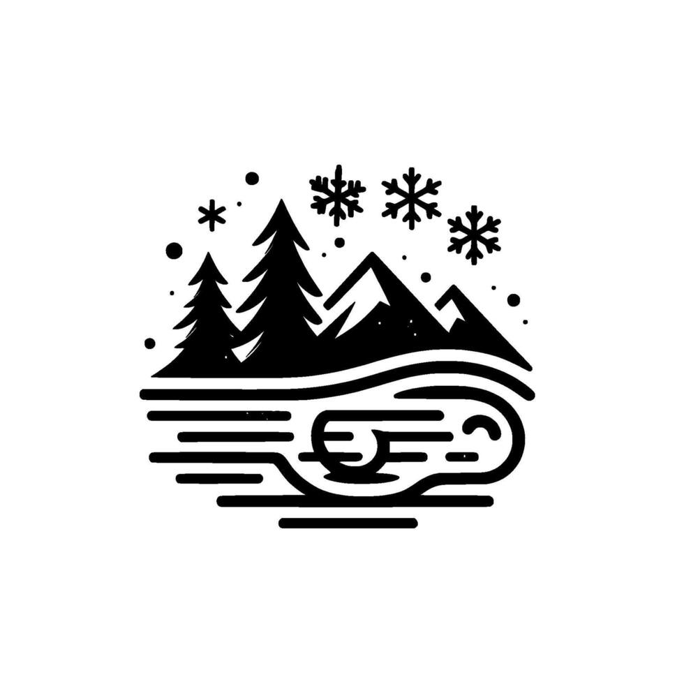Minimalist winter scene black and white illustration featuring snowcovered mountains, evergreen trees, falling snowflakes, and stylized water or lake. vector