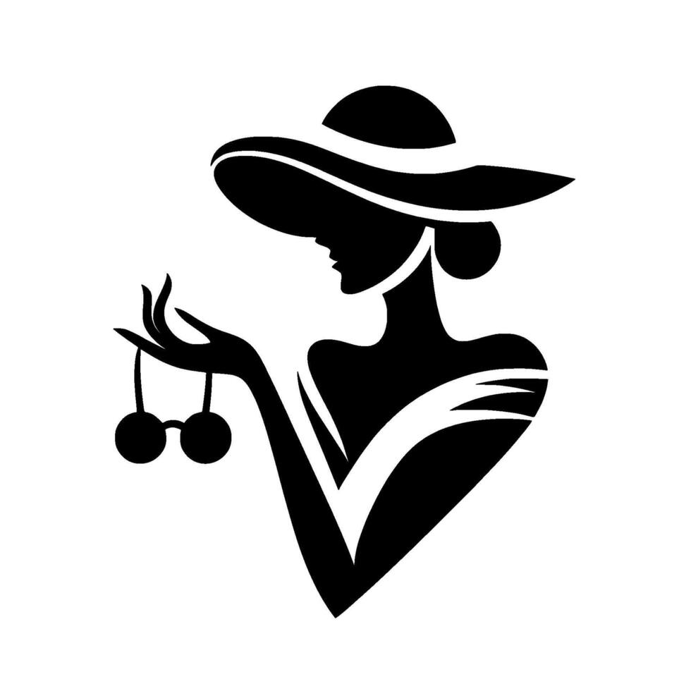 Elegant black silhouette of a woman in a widebrimmed hat, holding hanging orbs against a white background, exuding chic sophistication. vector
