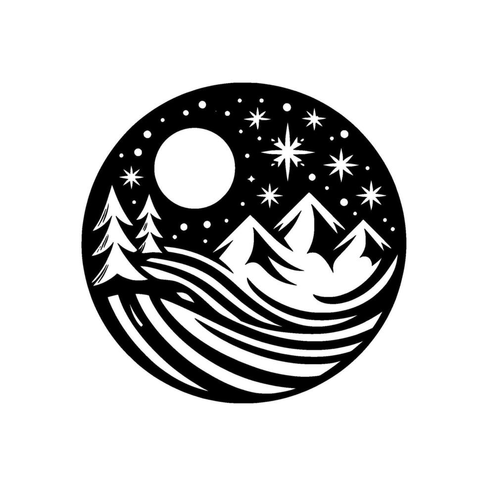 A celestial winter night scene inside a black circle, showcasing a moonlit mountain range, starry sky, pine trees, and flowing, stylized water or snow in a minimalistic, grayscale design. vector