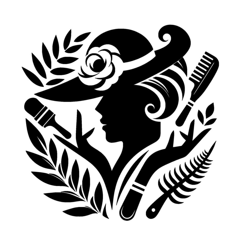 Elegant silhouette of a woman with hat, surrounded by stylized beauty tools and floral elements in a classic black and white composition. vector