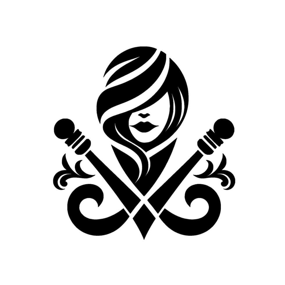 A black and white stylized illustration of a woman with flowing hair, crossed stylized scepters, and decorative flourishes, embodying elegance. vector