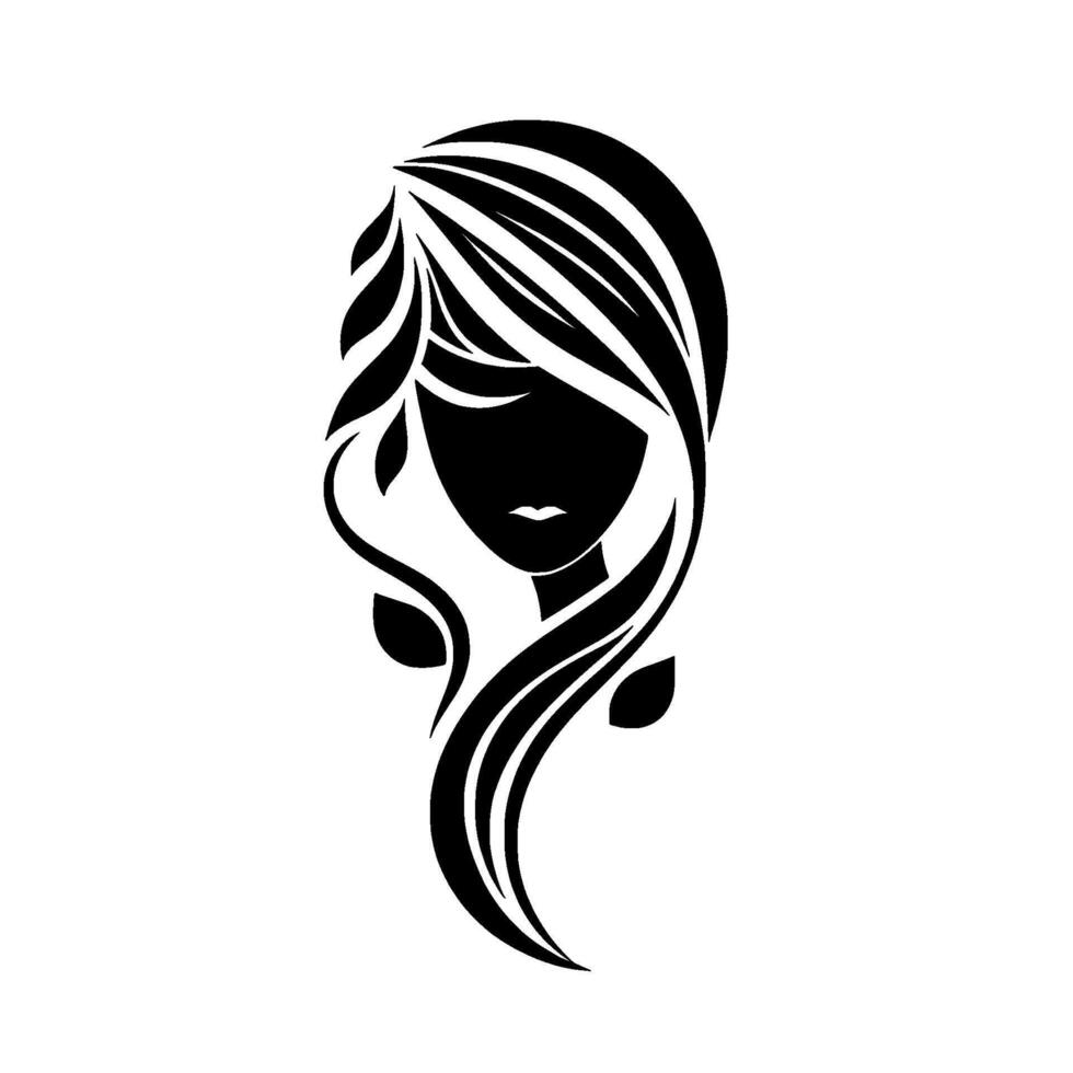 Minimalist silhouette of a woman with long flowing hair, adorned with leaf accents, in a stark black and white design. vector