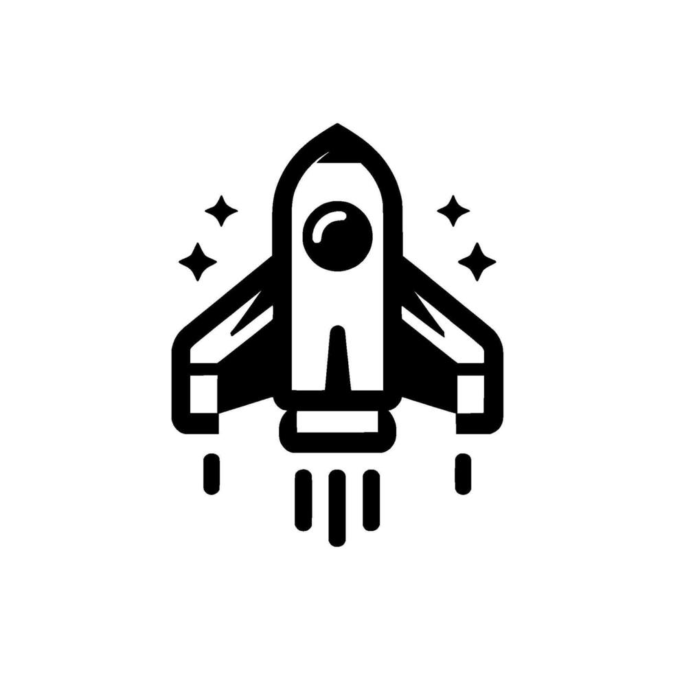 A stylized monochrome rocket ship with a prominent porthole window and stylized exhaust, framed by starshaped elements, conveying upward momentum and space exploration. vector