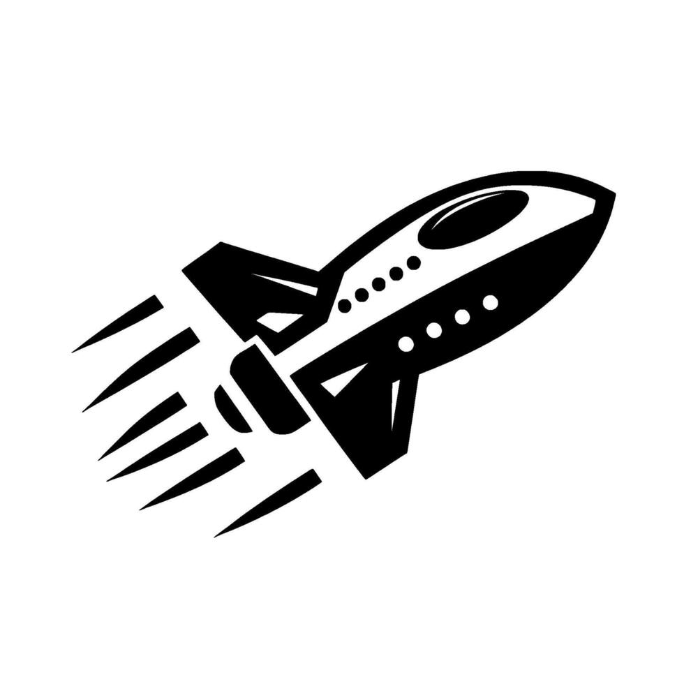 Bold, minimalist monochrome illustration of a retrofuturistic rocket ship blasting off against a stark white background, conveying speed. vector