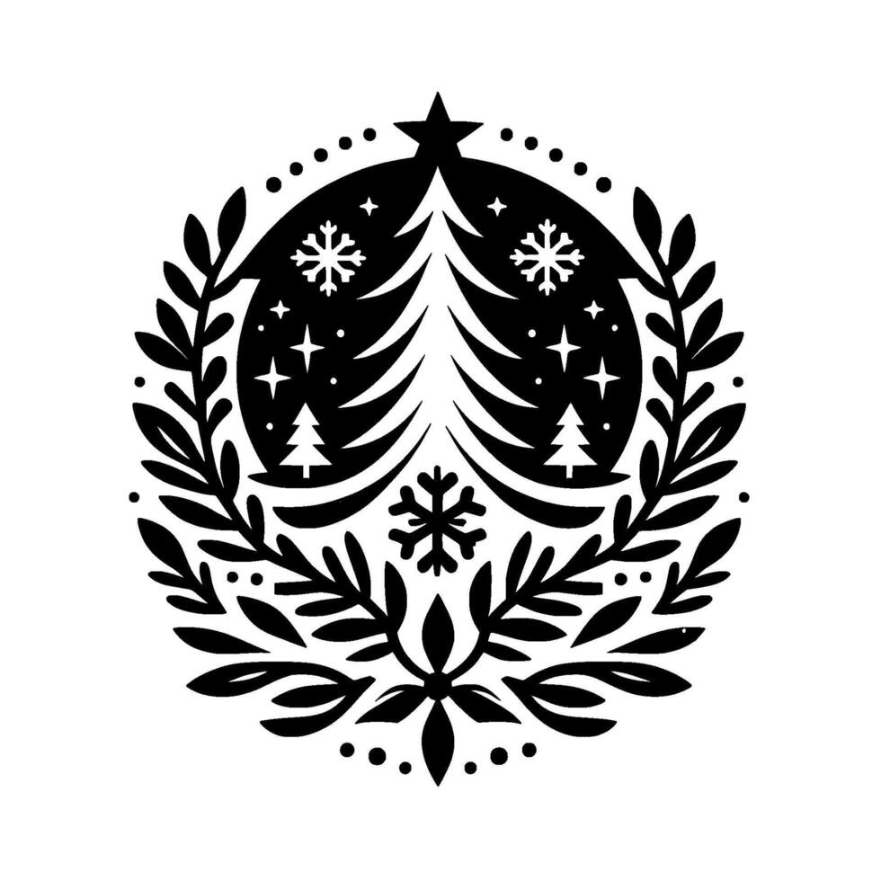 Elegant black and white christmas emblem circular arrangement of christmas trees, snowflakes, stars, and laurel wreath on a white background. vector