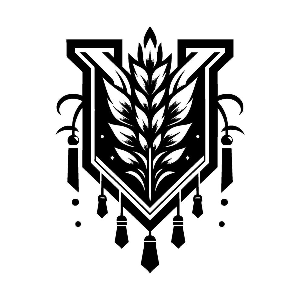 Intricate black and white heraldic featuring a stylized leafy branch, shieldlike frame with elegant tassels. vector