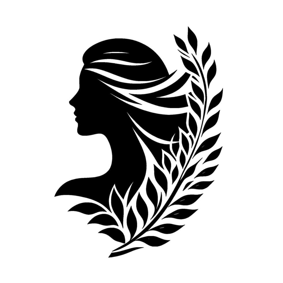 Silhouette of a woman with flowing hair adorned by a laurel wreath, symbolic of grace, wisdom, and victory. vector