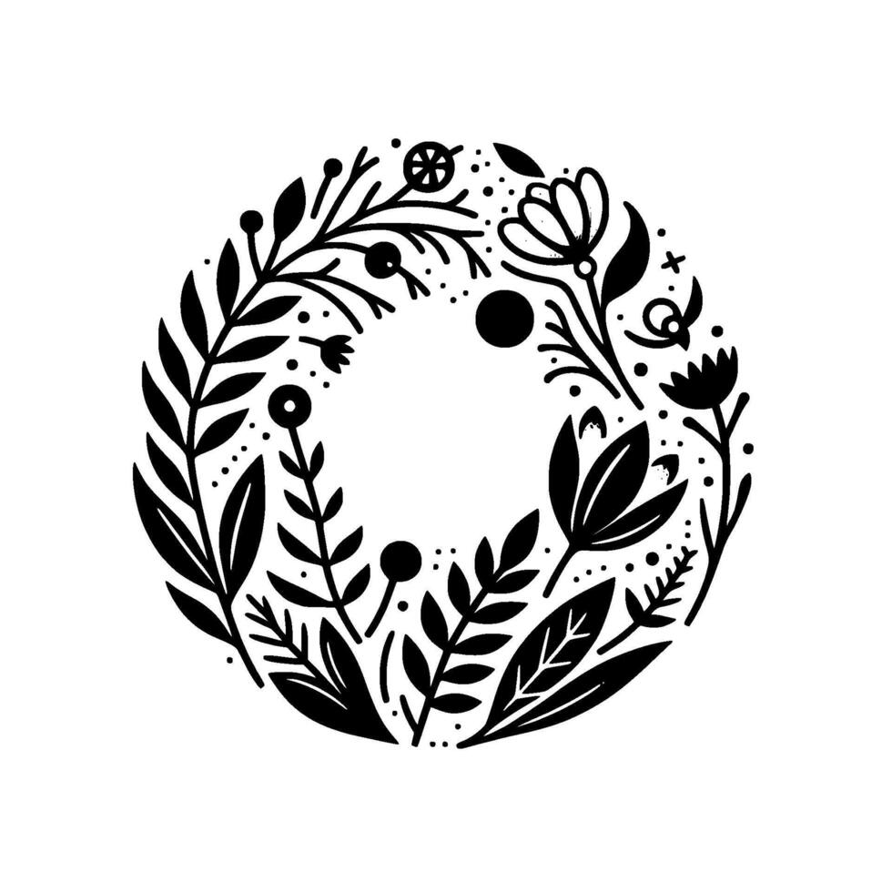 A monochromatic botanical wreath design, meticulously crafted with stylized leaves, flowers, and berries in a circular composition, set against a clean white backdrop. vector