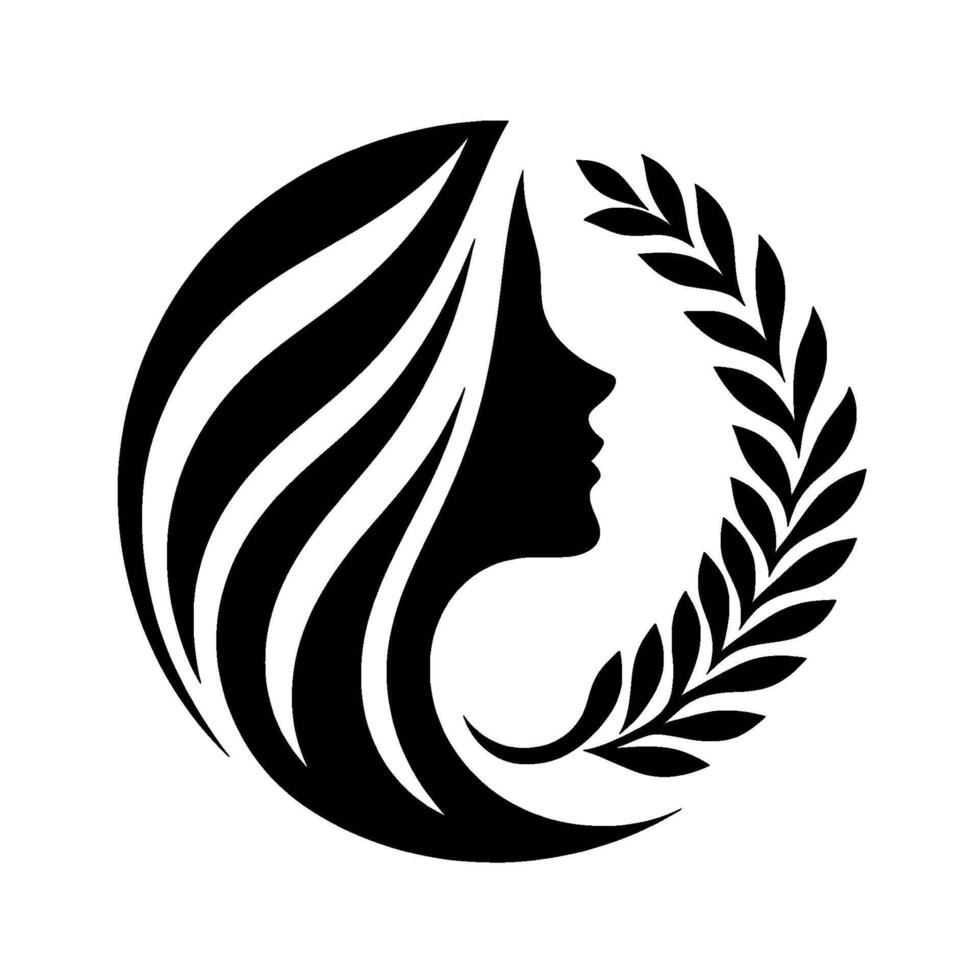 Elegant silhouette of a woman with flowing hair and laurel wreath, symbolizing beauty and triumph, within a circular frame. vector
