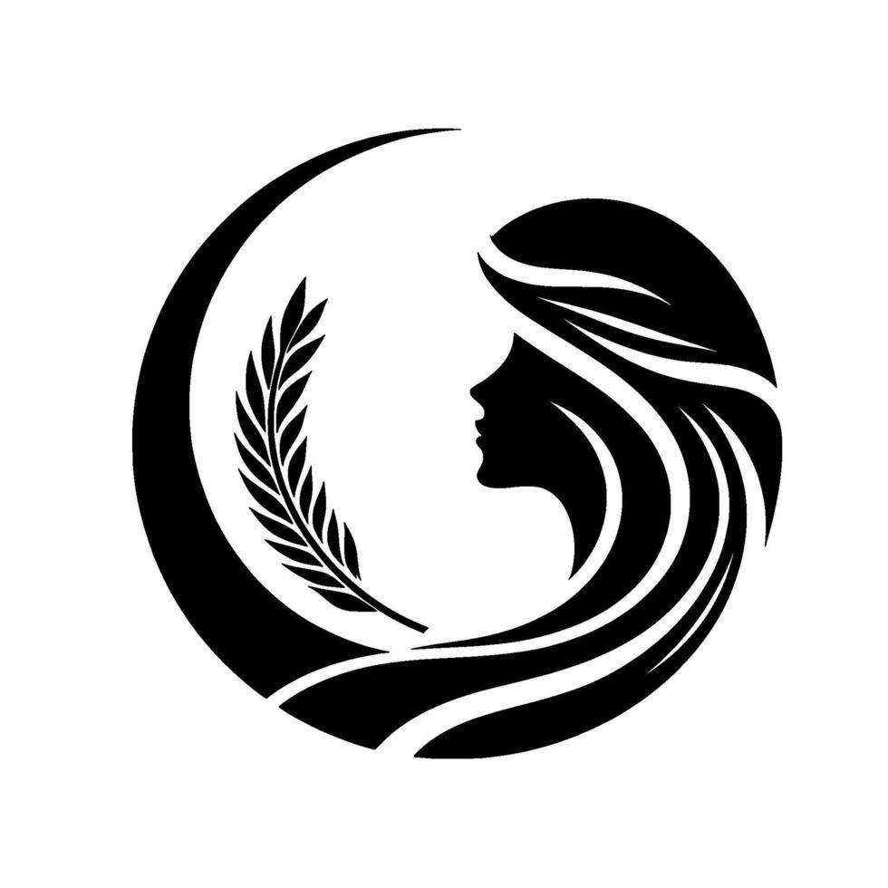 Elegant black and white silhouette of a woman encircled by a crescent and laurel branch, symbolizing peace and grace. vector