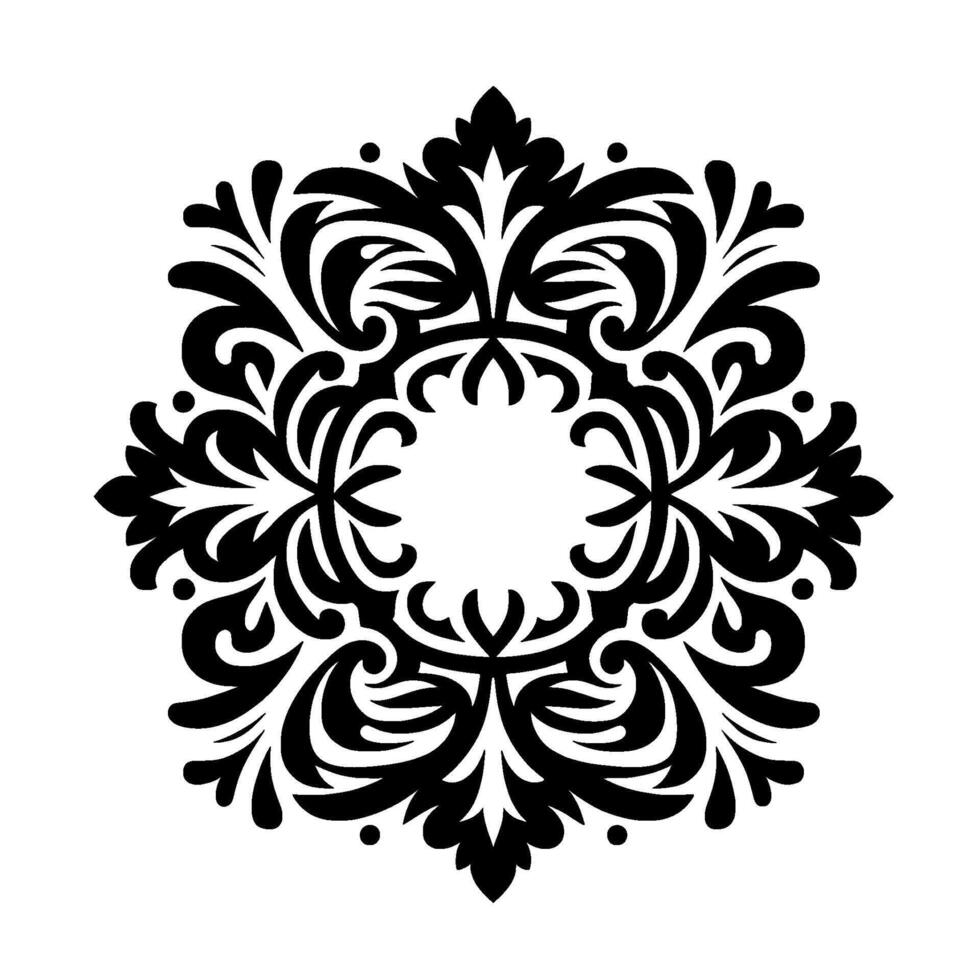 Intricate black and white floral mandala on white background, featuring symmetrical ornamental elements and curvilinear forms. vector