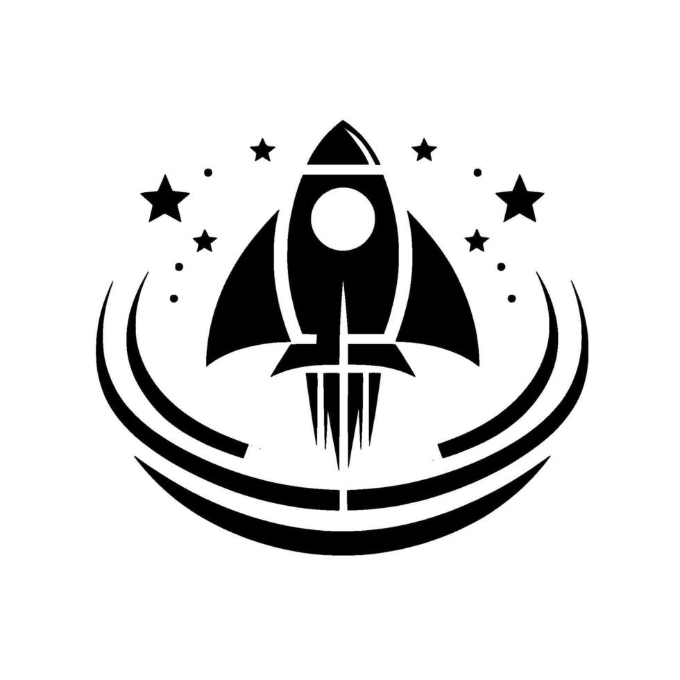 A sleek black and white minimalist illustration of a rocket ship taking off amidst stars and curved trails, signifying space travel and innovation. vector