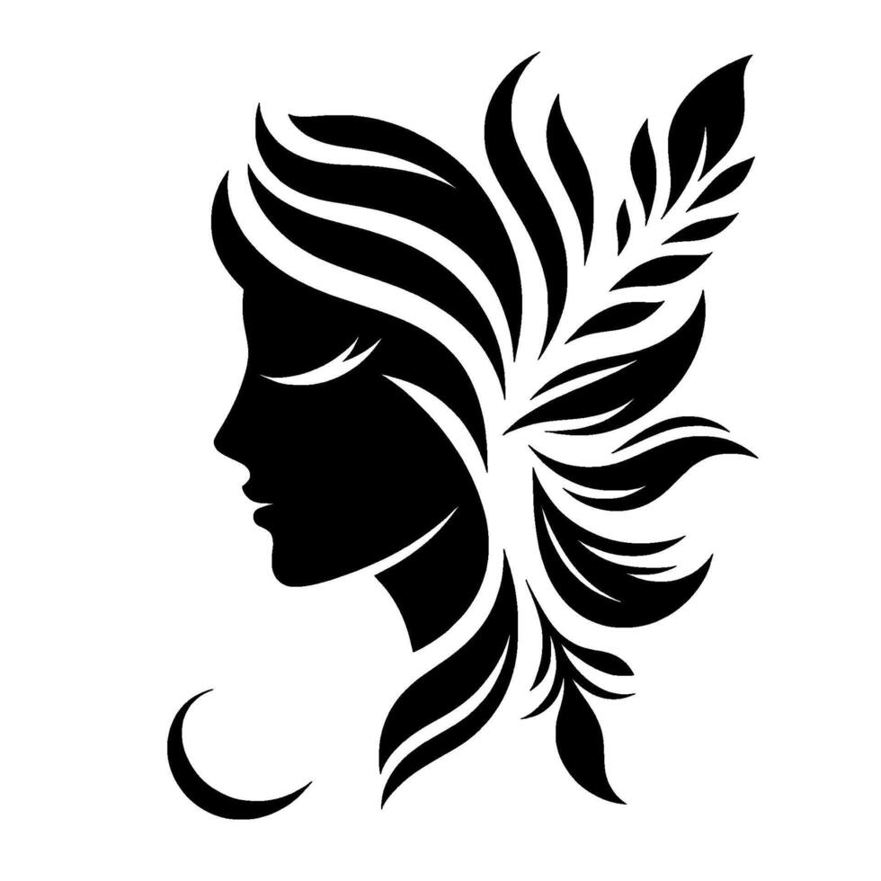 Silhouette of a womans profile with flowing, stylized hair and leaf accents, a crescent moon below, against a white background. vector