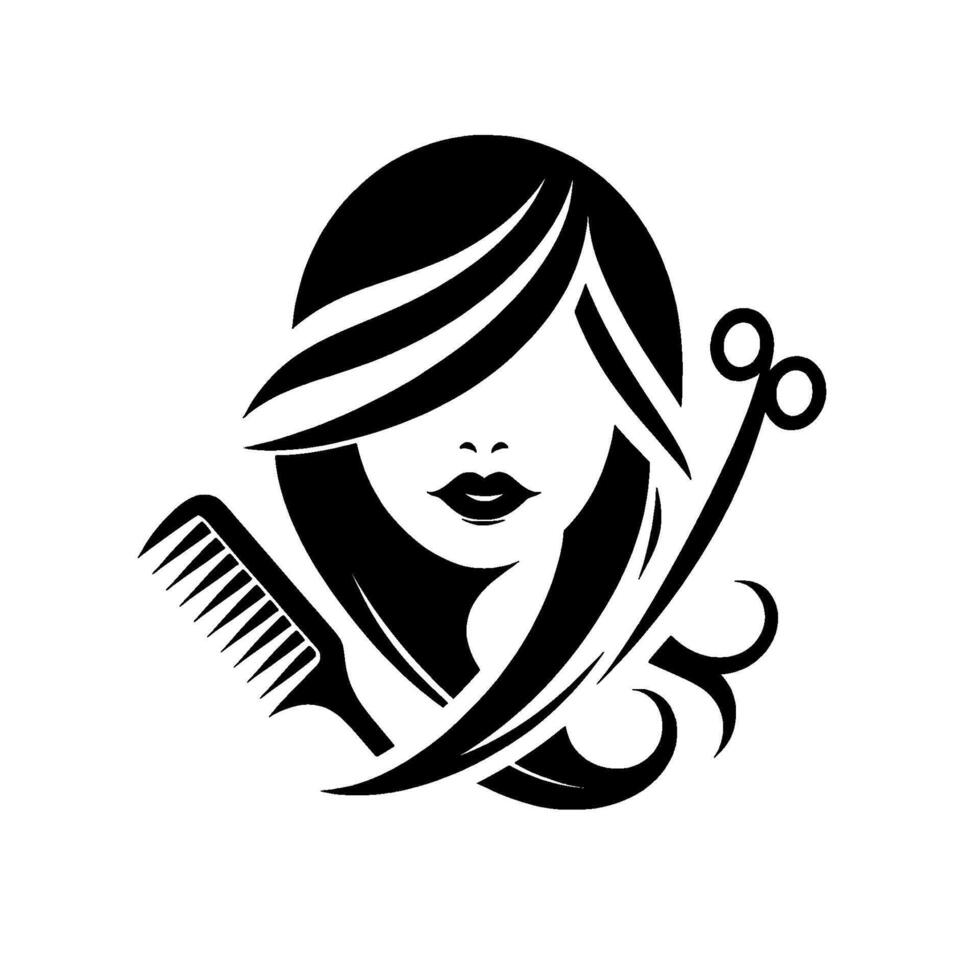 Sleek black and white silhouette of a stylized woman with hair, comb, and scissors, perfect for a salon or haircare branding. vector