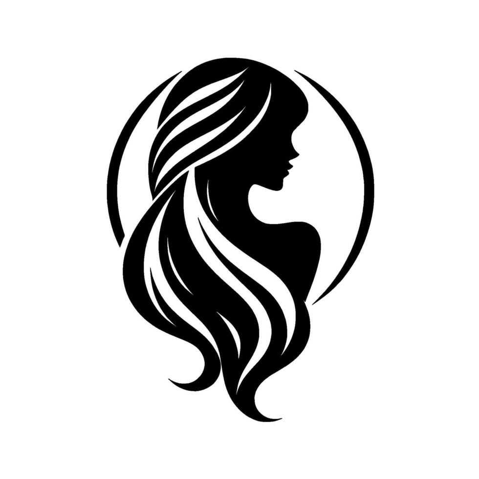 Elegant silhouette a womans profile with flowing hair encased in a circular frame, a minimalist in bold black and white, evocative of beauty and grace. vector