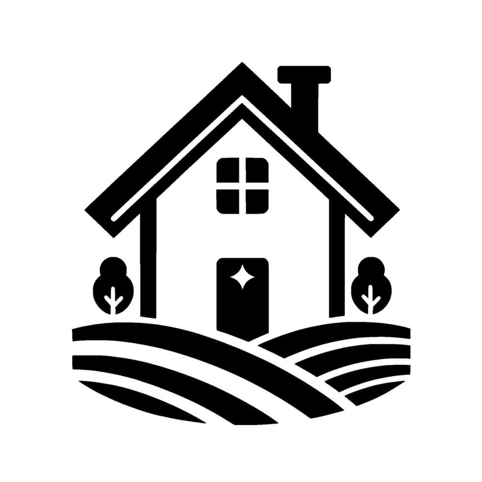 Minimalist black and white illustration a stylized country house with trees and rolling hills against a bright white backdrop, conveying simplicity. vector