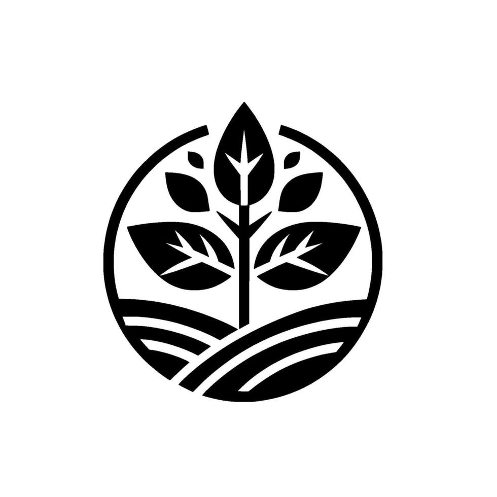 A bold, minimalist black and white showcasing a stylized tree growing from a stylized field within a circular frame, representing nature and growth. vector