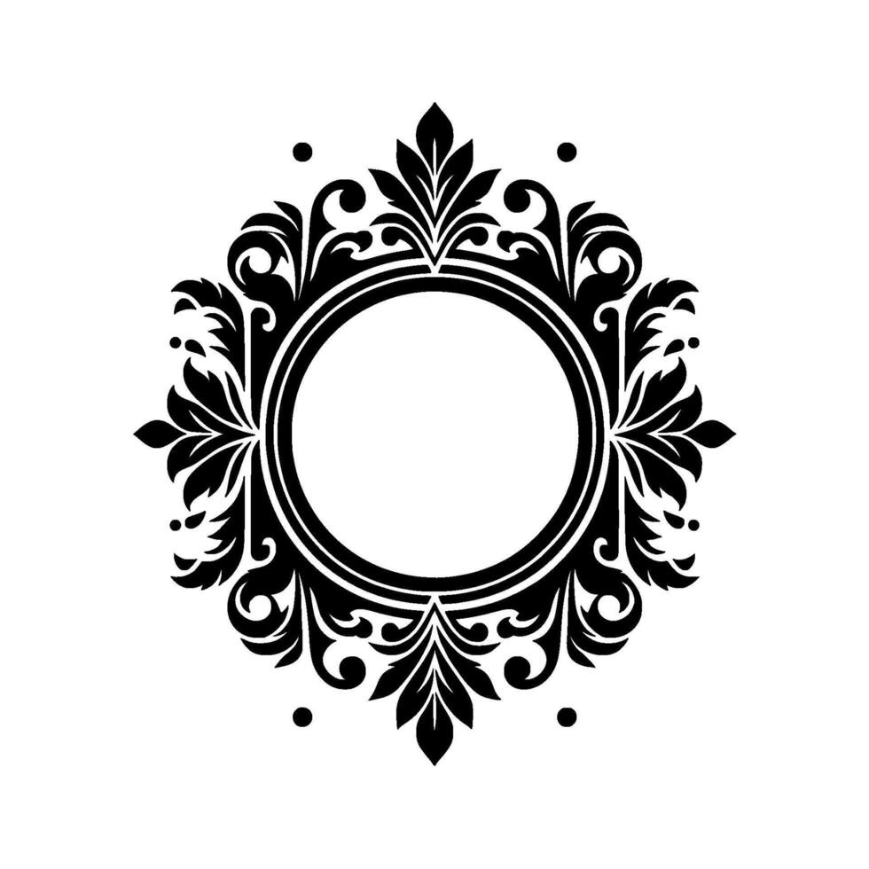 Elegant black floral frame with circular center, ornate botanical design, isolated on white, intricate details, decorative, graphics vector