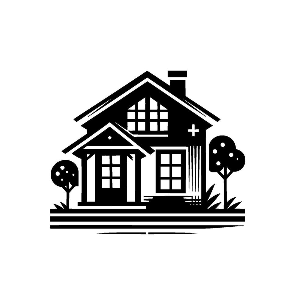 Simplified black and white house silhouette with trees, lawn, and cross symbol, illustrating real estate and home concepts. vector