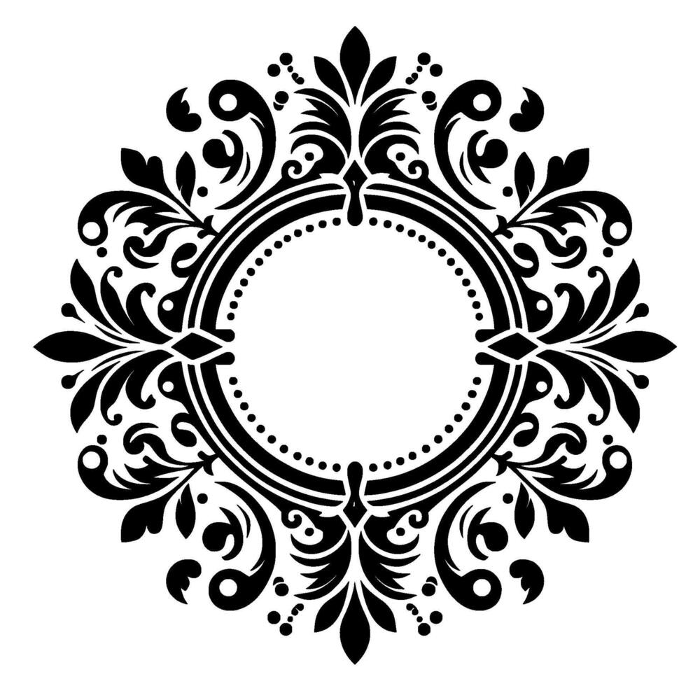 A symmetrical black and white floral with an ornate circular frame, featuring scrolling leaves, dots, and stylized flourishes, ideal for decorative purposes. vector